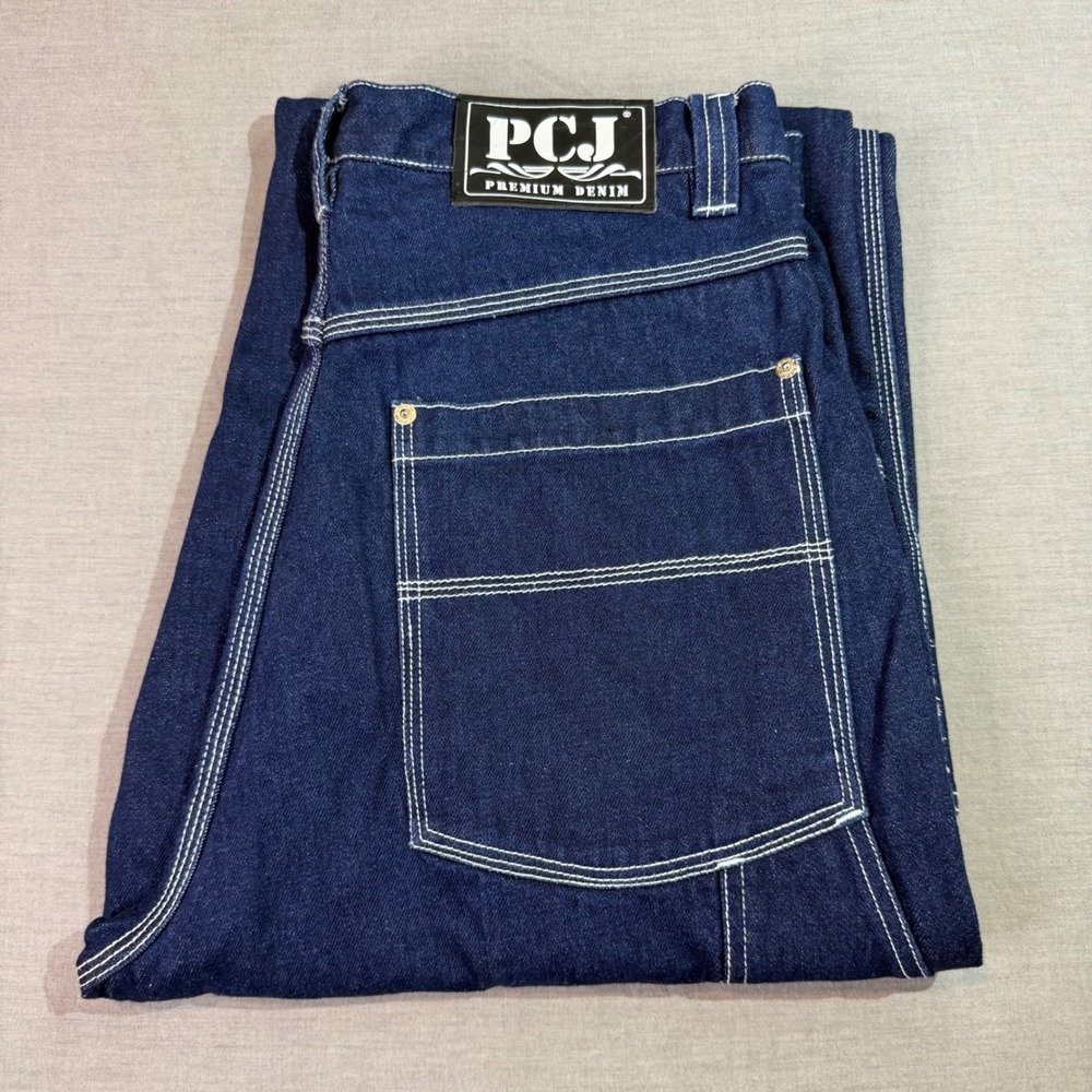 PCJ Pooch Jeans Wide Leg Mens 32x34 Indigo Blue Excellent Contrast Stitch 1704